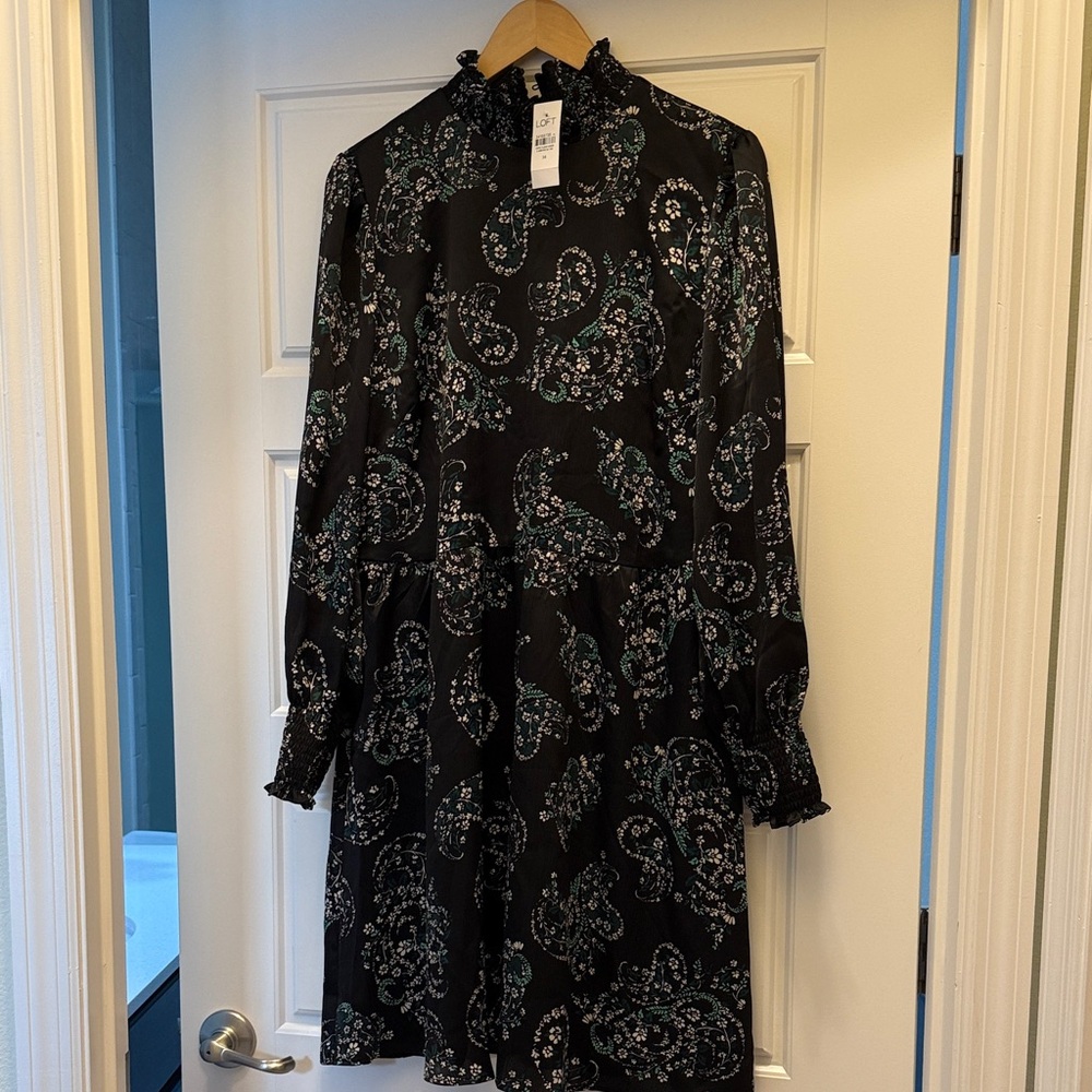 LOFT Black Paisley Long Sleeve Dress